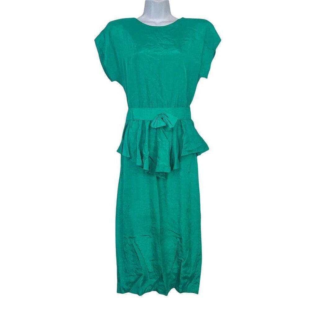Vintage 80s Brioche Sheath Dress Womens M Green Short Sleeve Peplum